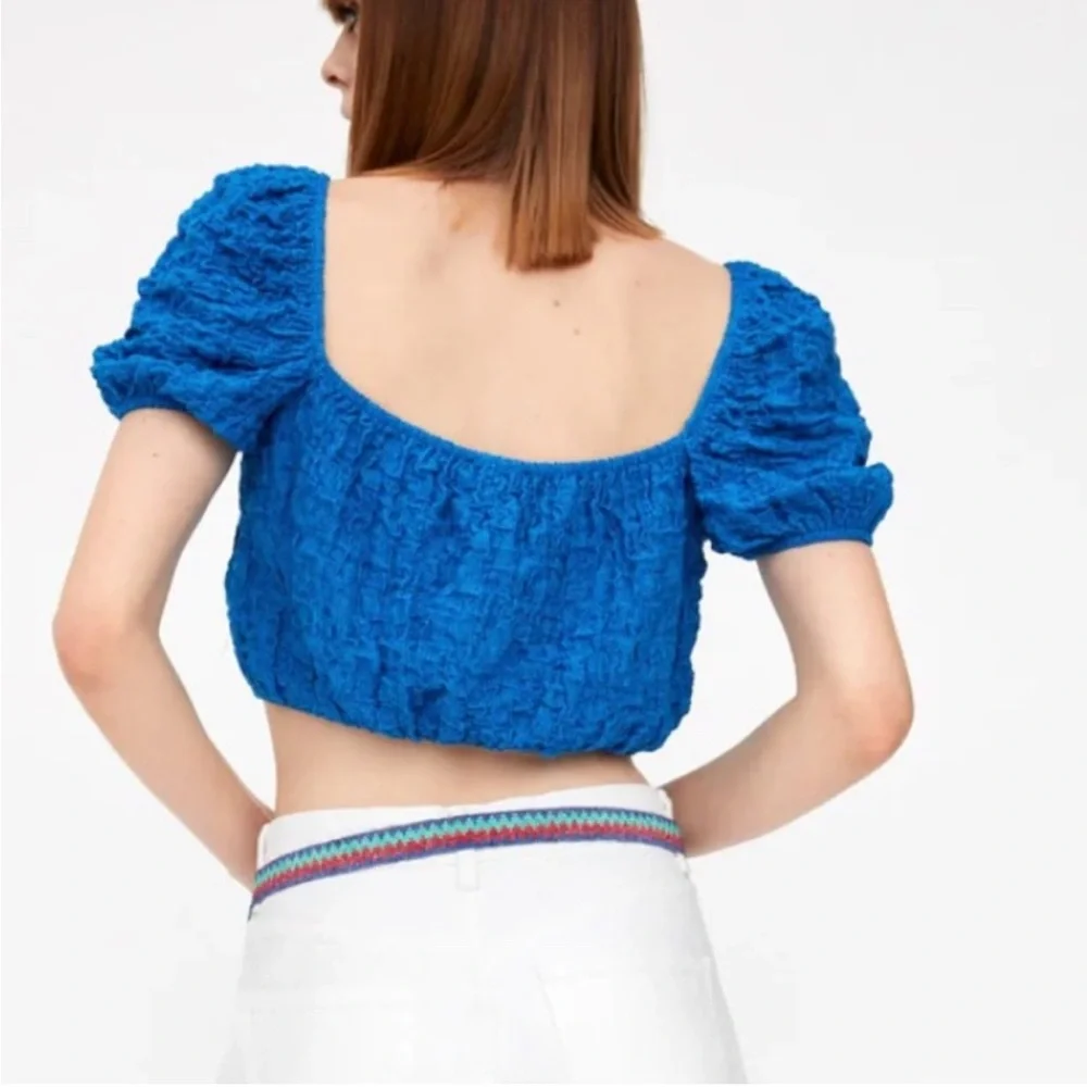 ZARA Cobalt Blue Textured Balloon Puff Sleeve Crop Top Boho Size Large NWT - Picture 3 of 11